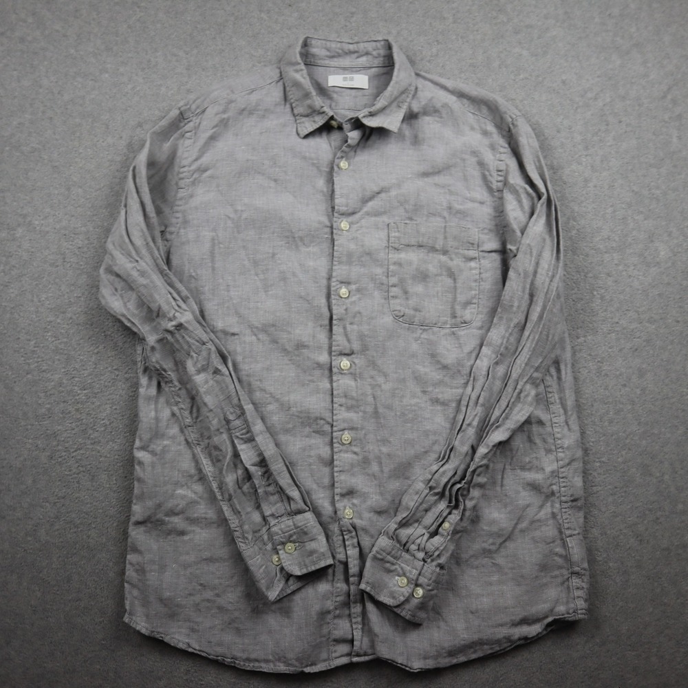 Uniqlo Button Down Shirt Men Large Premium Linen Grey Long Sleeve Casual Pocket